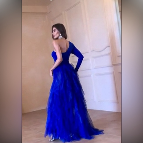 One Shoulder Mesh Overlay Dress With Rhinestone Buckle Belt - Picture 4 of 6